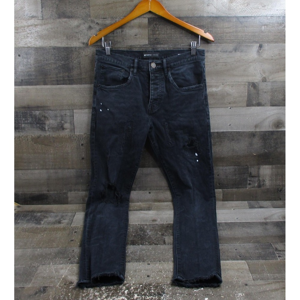 Purple Brand Jeans Mens 30 Black P002 Button Fly Ripped Paint Splatter Raw Hem